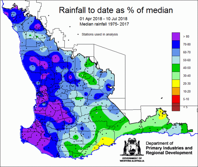 Map of seasonal rainfall as a percentage of median rain for 1 April to 10 July 2018