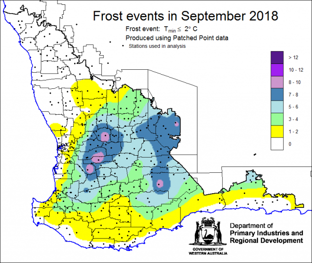 Map of Western Australia showing number of frost events in September 2018