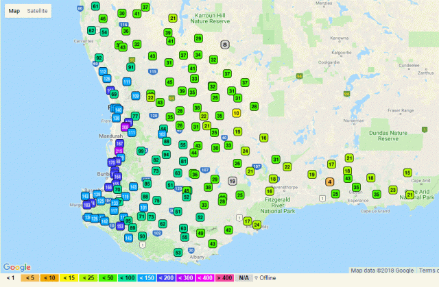 Map of Western Australia showing rainfall totals in millimetres from DPIRD southern weather stations for 1 to 26 June 2018