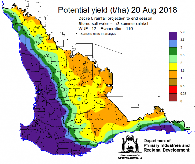 Map of Western Australia showing potential crop yield in tonnes per hectare at 20 August 2018