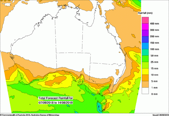 Map of Western Australia showing coloured areas of predicted rainfall for the next week