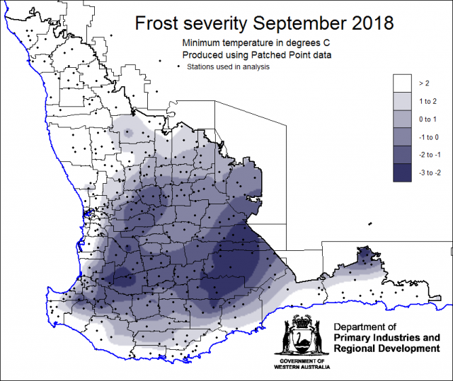 Map of Western Australia showing lowest temperatures recorded in September 2018