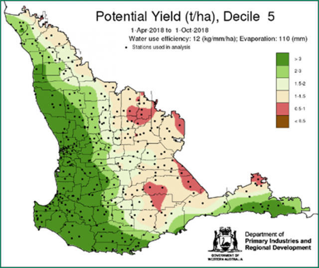 Map of Western Australia showing coloured areas of potential crop yield