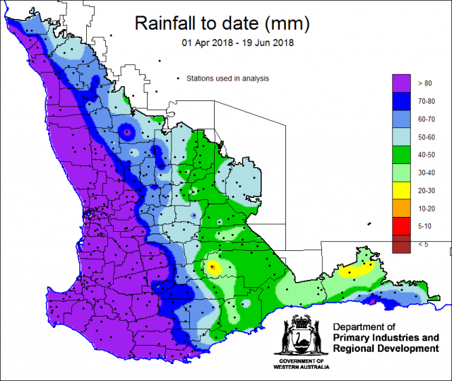 Map of Western Australia showing coloured areas of rainfall levels in millimetres for 1 April to 19 June 2018