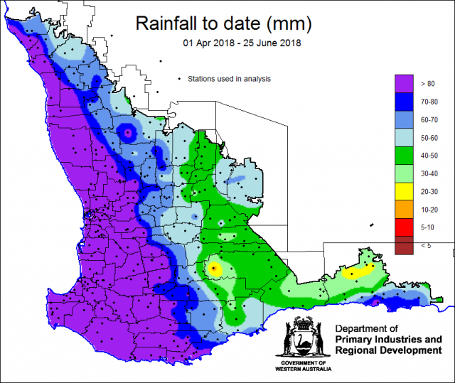Map of Western Australia showing rainfall totals in millimetres for 1 April to 26 June 2018