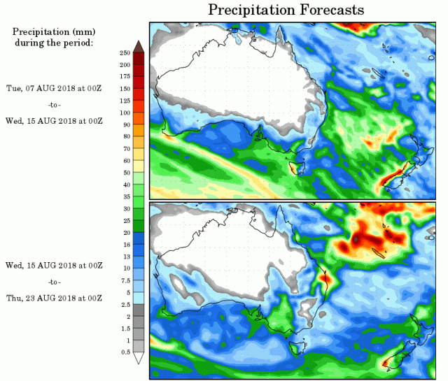 Map of Western Australia showing coloured areas of predicted rainfall for the next two weeks