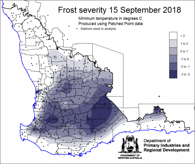 Map of Western Australia showing low temperatures on 15 September 2018