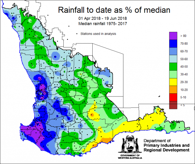 Map of Western Australia showing coloured areas of rainfall levels as a percentage of median seasonal rain to date