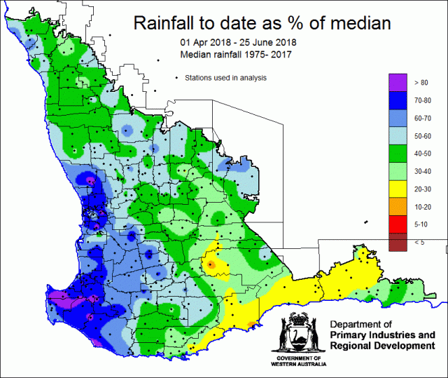 Map of Western Australia showing rainfall as percentage of median for 1 to 25 June 2018