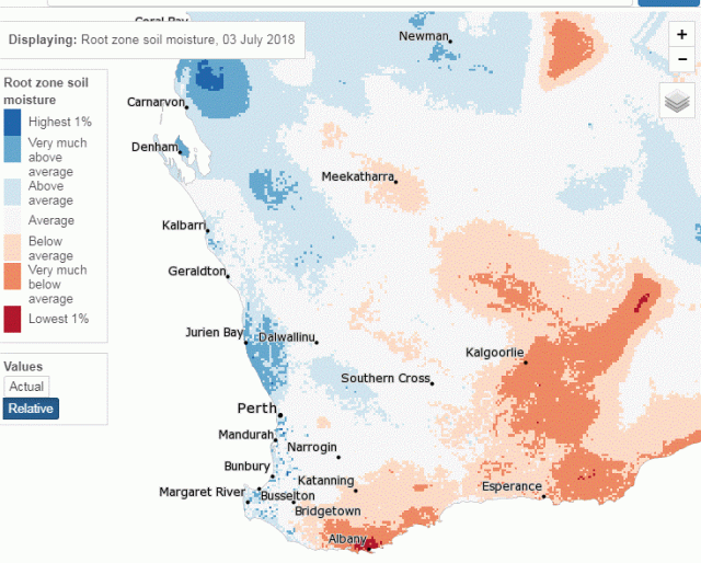Map of Western Australia showing coloured areas of soil water storage relative to average