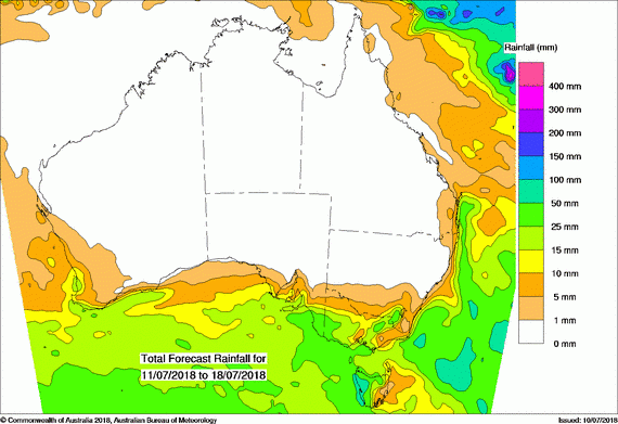 Map of forecast rain to 18 July 2018 from Bureau of Meteorology model