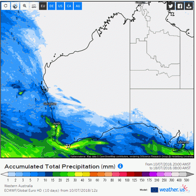 Map or rainfall forecast in the week to 18 July from the ECMWF model