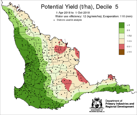 Map of Western Australia showing coloured areas of potential crop yield