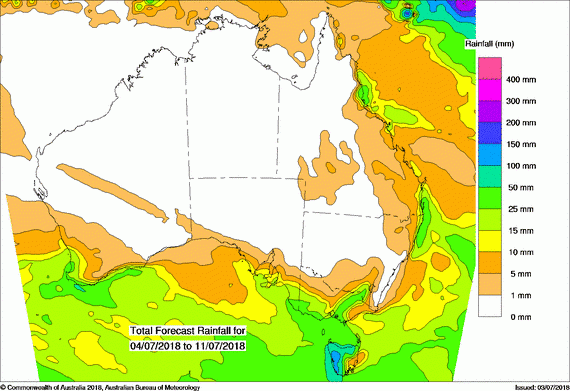 Map of Western Australia showing coloured areas of rainfall predicted in the next week