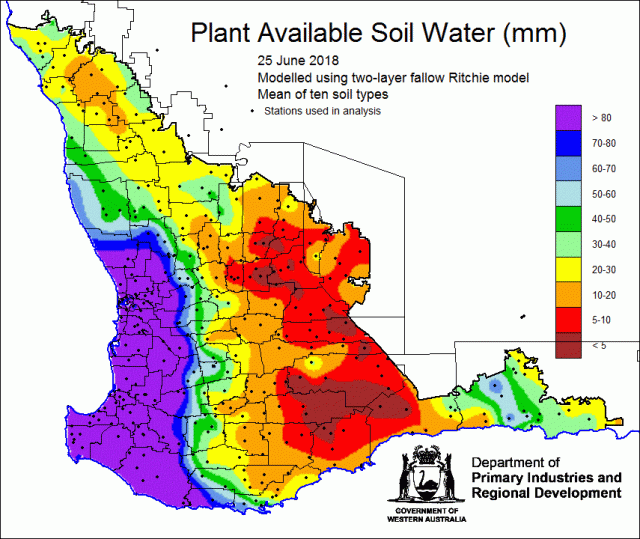 Map of Western Australia showing soil water storage in millimetres 26 June 2018