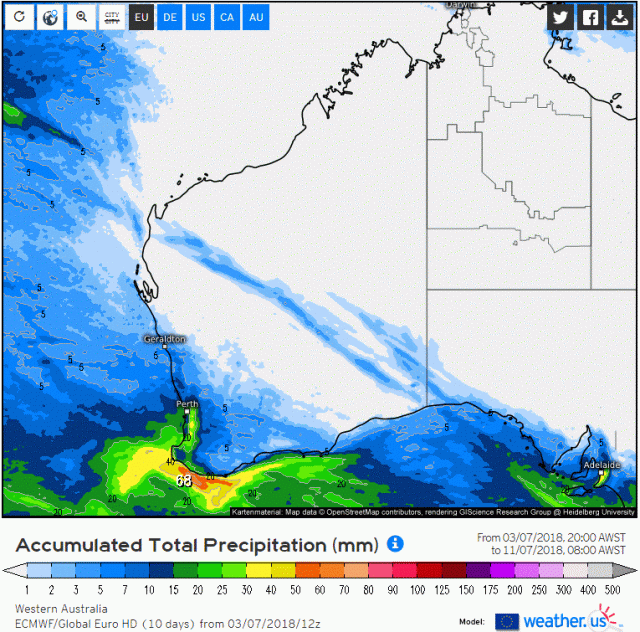 Map of forecast rain to 11 July 2018 from the ECMWF model