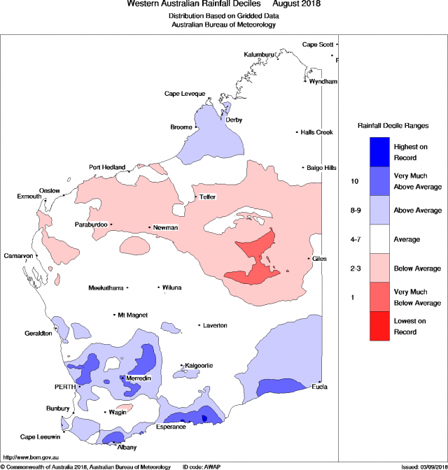 Map of Western Australia showing rainfall as deciles for August 2018