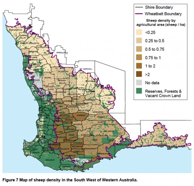 Map of sheep density in the South West of Western Australia