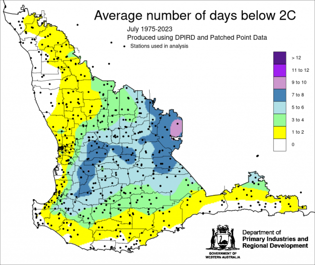 Average number of days below 2C for the South West Land Division using data for  July 1975-2023