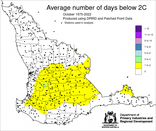 Average number of days below 2°C for the South West Land Division in September 1975 to 2022. Indicating, frosts do occur in October.