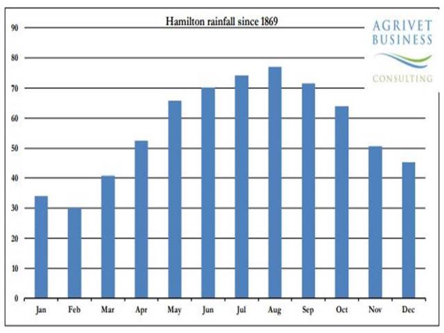 Hamilton average rainfall (mm), showing winter dominance with less rain through summer.