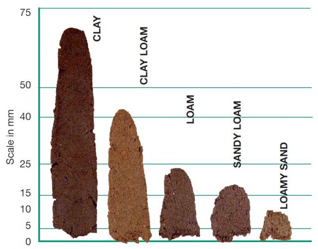 Chart showing the length of an extruded soil ribbon and the estimated soil texture