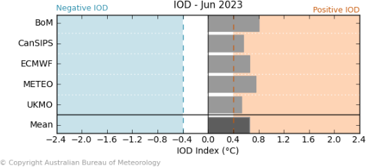 International and national climate model forecasts for Indian Ocean Dipole from the Bureau of Meteorology. Indicating all five models have reached positive IOD by June.
