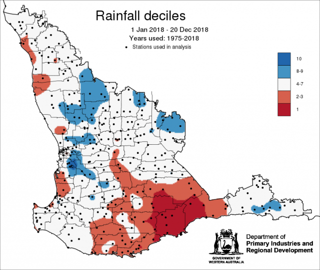 Rainfall decile map for January to December 2018 for the South West Land Division, indicating rainfall decile 1 for some parts of the southern grainbelt.
