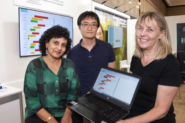 DPIRD senior plant pathologist Dr Manisha Shankar, Dr Zhanglong Cao from SAGI-West Curtin University and DPIRD biometrician Dr Karyn Reeves at the launch of the interactive yield loss tool prototype at the 2020 Research Updates.
