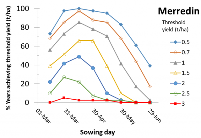 Figure 15 Merredin risk profile for canola yields according to time of sowing