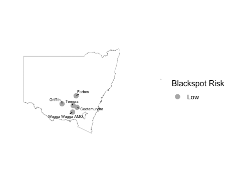 Map showing the relative current risk of spores based upon Blackspot Model outputs for various locations in New South Wales, 12 June 2023.