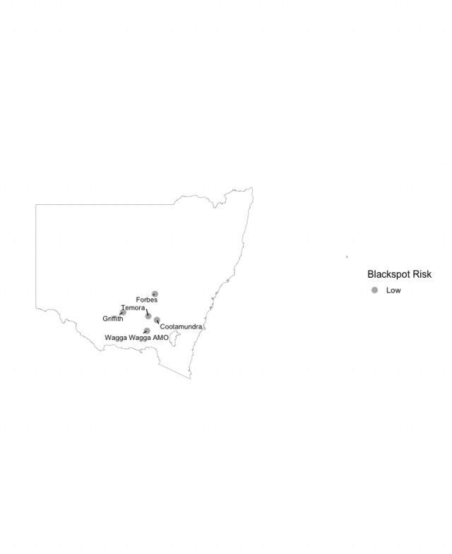Map showing the relative current risk of spores based upon Blackspot Model outputs for various locations in New South Wales, 26th June 2023.