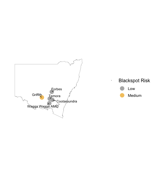Map showing the relative current risk of spores based upon Blackspot Model outputs for various locations in New South Wales, 6 June 2023.