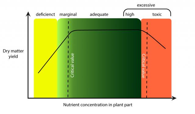 Dry matter yield increases as concentration in plant part increases, but then plateaus before decreasing at toxic concentrations