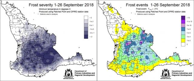 A map showing the extent of frost damage during September across the wheatbelt