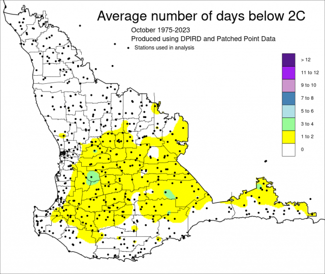 Average number of days below 2C in October 1975-2023 for the South West Land Division
