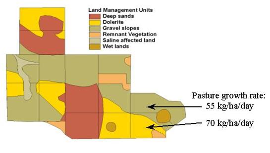 Example map at paddock scale showing different pasture growth rates on different land management units.