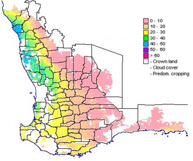Map of pasture growth rates in Western Australia, which vary between 0-10 and 30-40 in the main sheep production zones