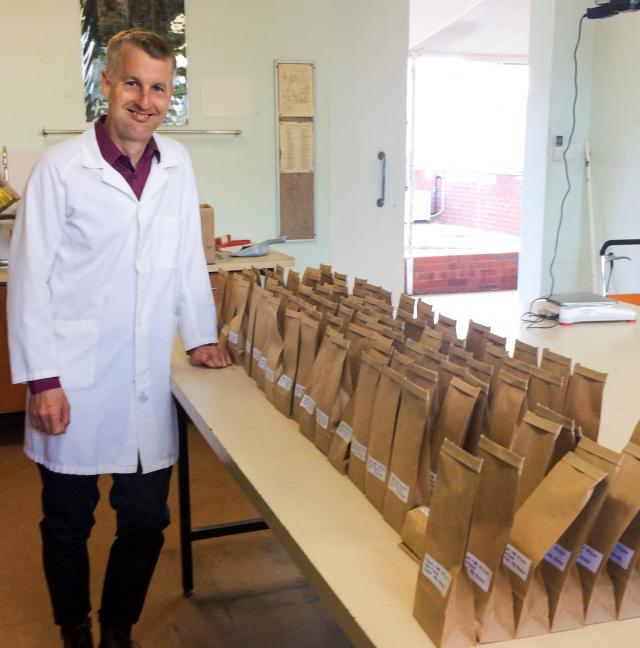 Department of Agriculture and Food, Western Australia research officer Dr Daniel Hüberli with packets of oat seeds that are being evaluated for the presence of crown rot, as part of a Grains Flagship trial develop variety susceptibility ratings for the fu