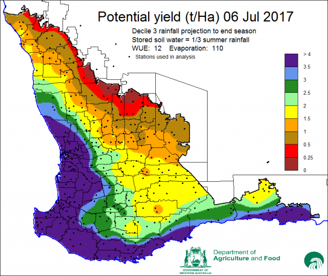 Figure 7 Potential wheat yield for WA using observed rainfall to 6 July and assuming  decile 3 rainfall for the rest of the growing season. Low yields expected for the north and east.