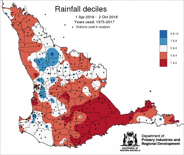 Rainfall decile map for 1 April to 2 October 2018 shows large parts of the grainbelt has received less than decile 4 rainfall.