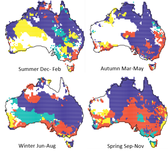 Main climate drivers influencing seasonal rainfall in Australia. from Risby et al 2009. see text for legend