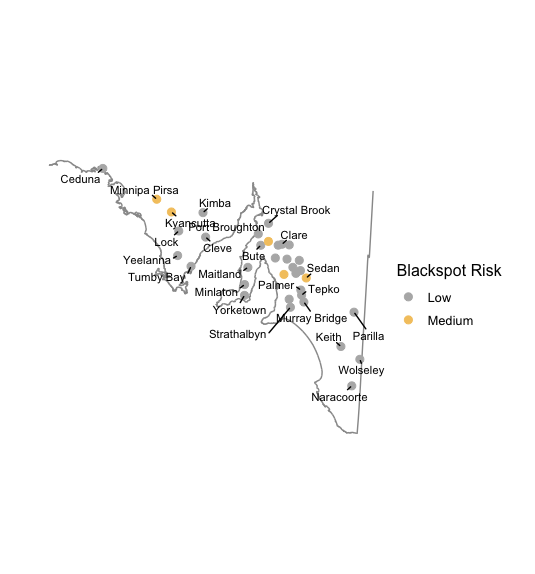 Map showing the relative current risk of spores based upon Blackspot Model outputs for various locations in South Australia, 6th June 2023.