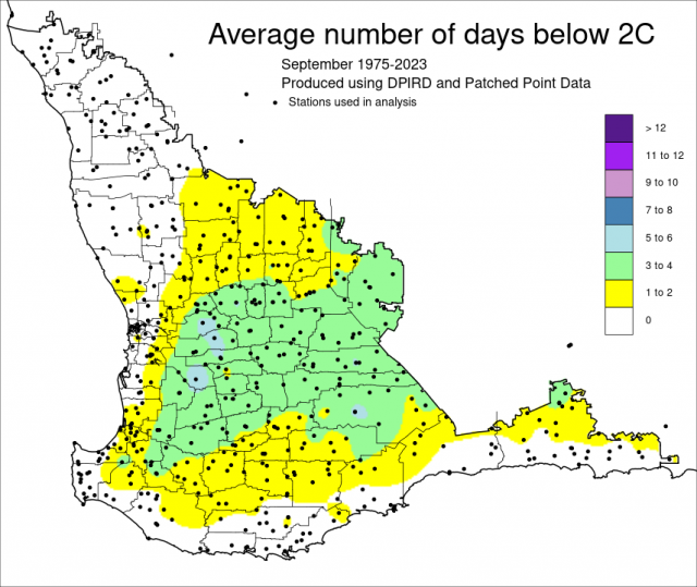Average number of days below 2C in September 1975-2023 for the South West Land Division.