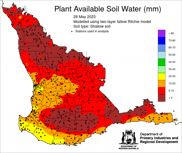 Shallow soil plant available soil water map for the South West Land Division 28 May 2023, indicating low water resources.