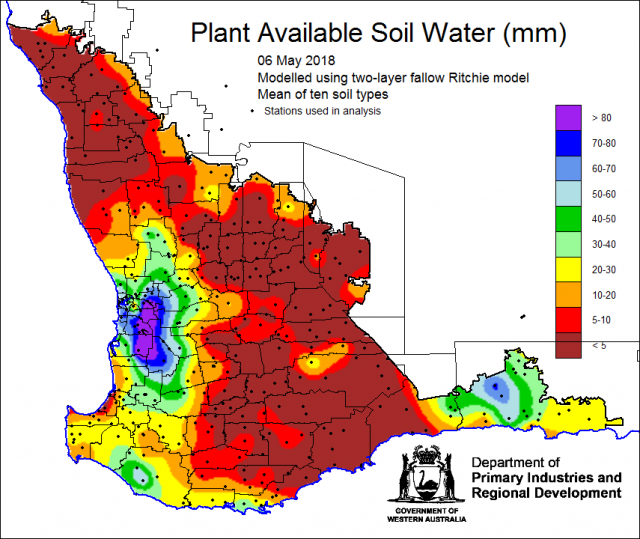 Plant available soil water map for 6 May 2018. Showing very low levels for the majority of the grainbelt.