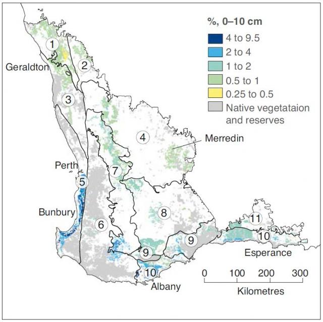 Map of the agricultural area of Western Australia showing soil organic carbon concentrations in known areas
