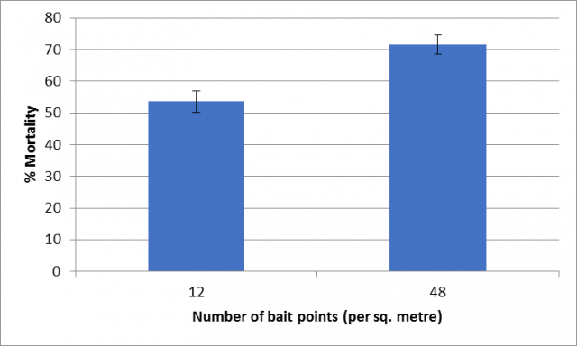 Figure 3. Percentage (%) of dead snails at Day 14 after being exposed to baits with either 12 or 48 bait points per square metre. Error bars represent the standard error of the mean.