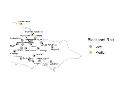 Map showing the relative current risk of spores based upon Blackspot Model outputs for various locations in Victoria, 12th June 2023.