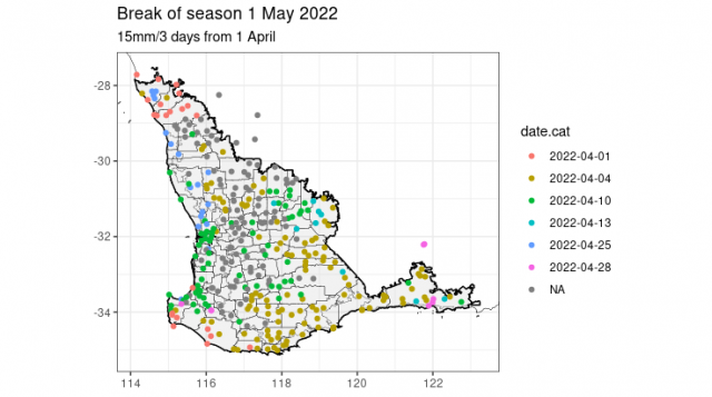 Break of season map for the South West Land Division for the 1 May. Indicating that many locations have received 15 mm over 3 days since 1 April. NA – not yet